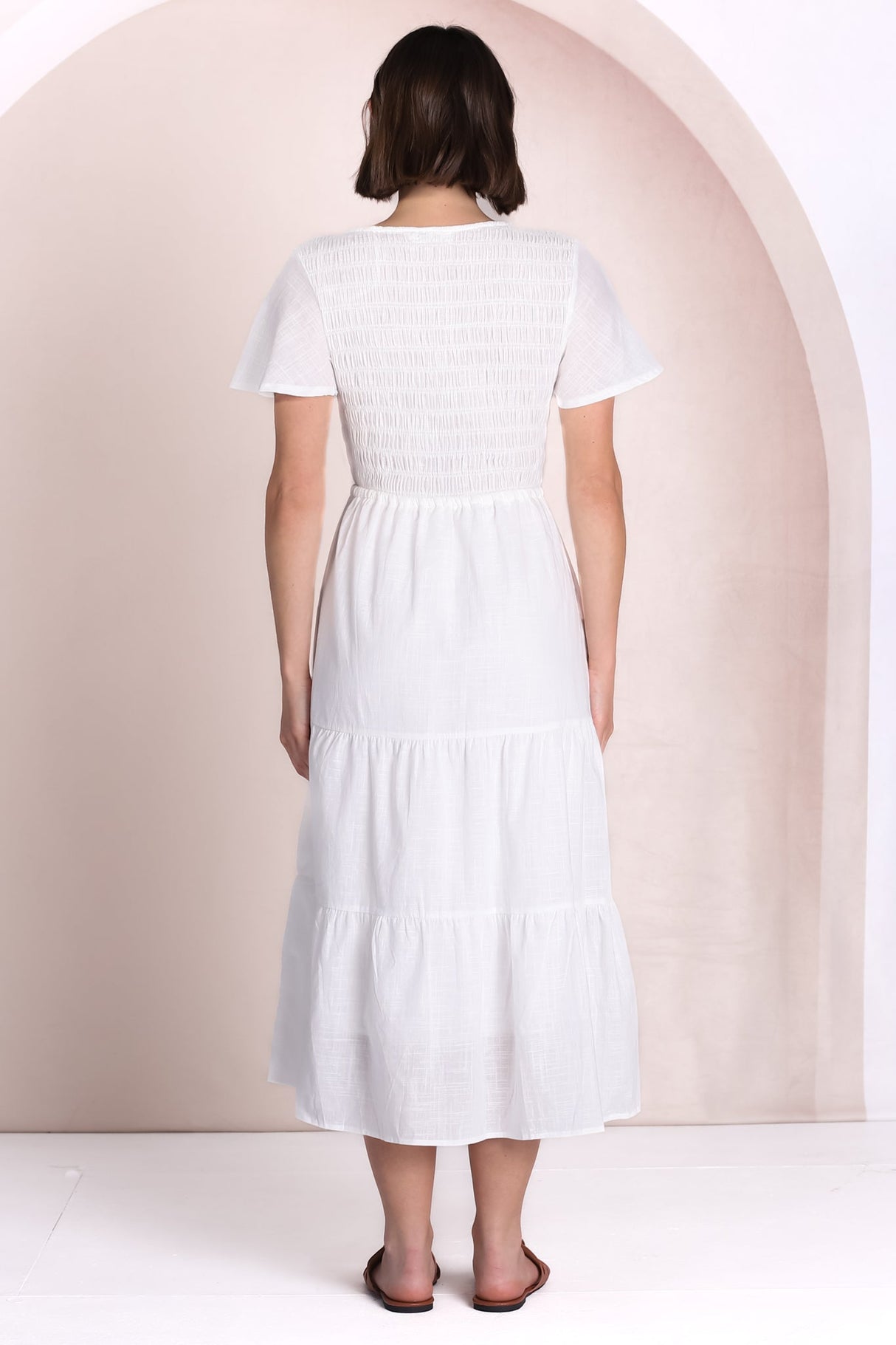 Alyse Midi Dress - Shirred Bodice Cap Sleeve Dress with Pull Tie Waist in White