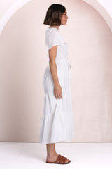 Alyse Midi Dress - Shirred Bodice Cap Sleeve Dress with Pull Tie Waist in White