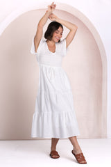 Alyse Midi Dress - Shirred Bodice Cap Sleeve Dress with Pull Tie Waist in White