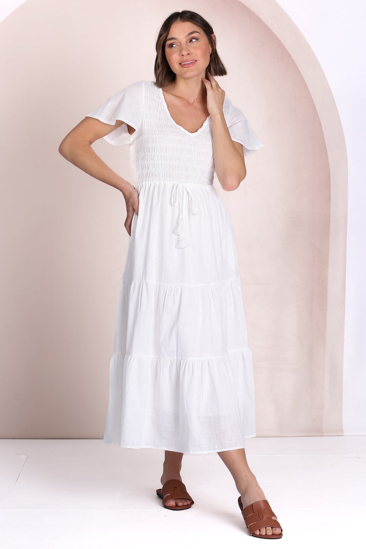 Alyse Midi Dress - Shirred Bodice Cap Sleeve Dress with Pull Tie Waist in White