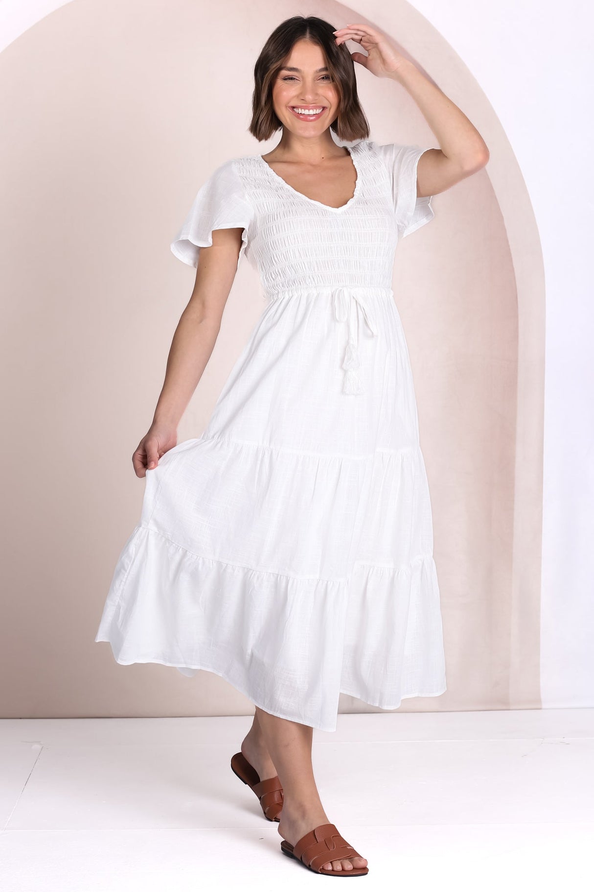 Alyse Midi Dress - Shirred Bodice Cap Sleeve Dress with Pull Tie Waist in White