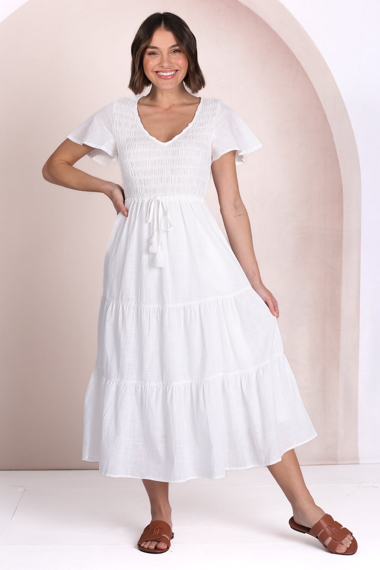 Alyse Midi Dress - Shirred Bodice Cap Sleeve Dress with Pull Tie Waist in White