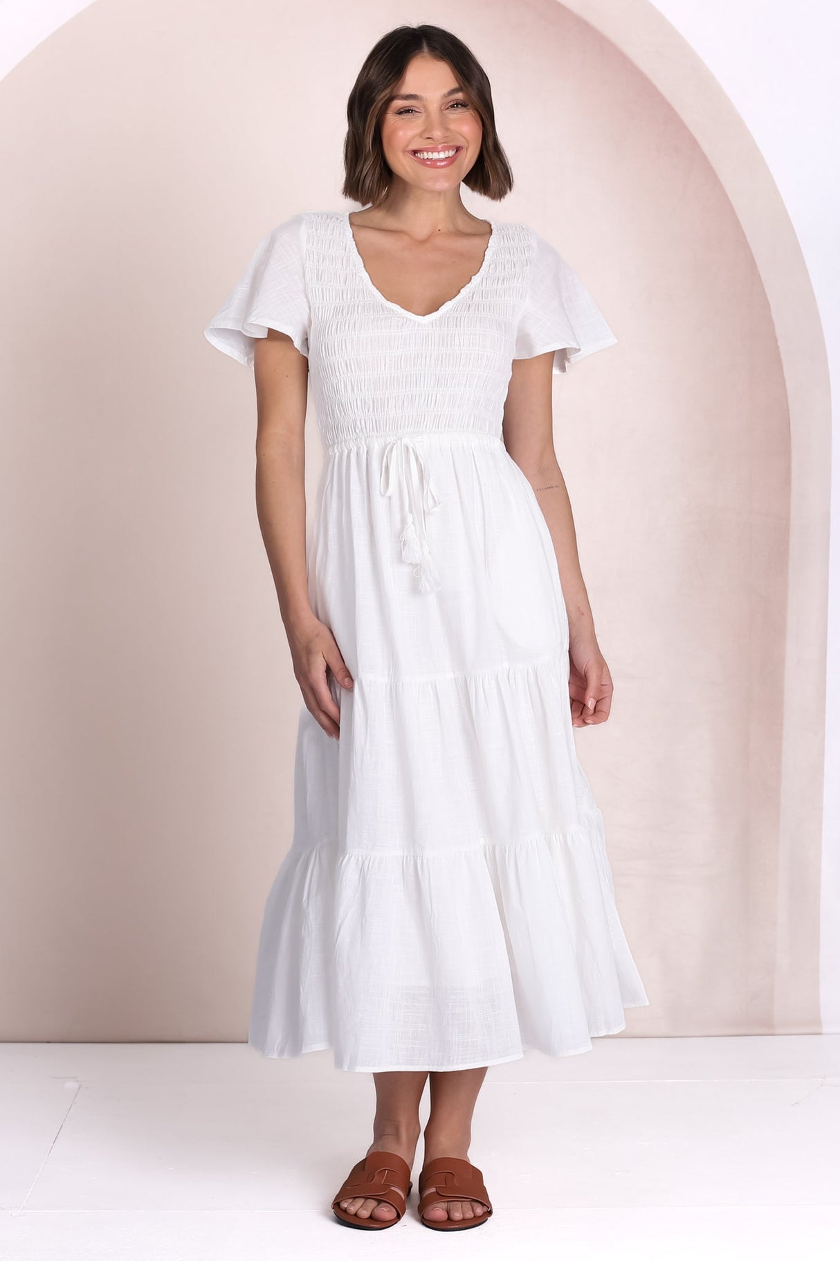 Alyse Midi Dress - Shirred Bodice Cap Sleeve Dress with Pull Tie Waist in White