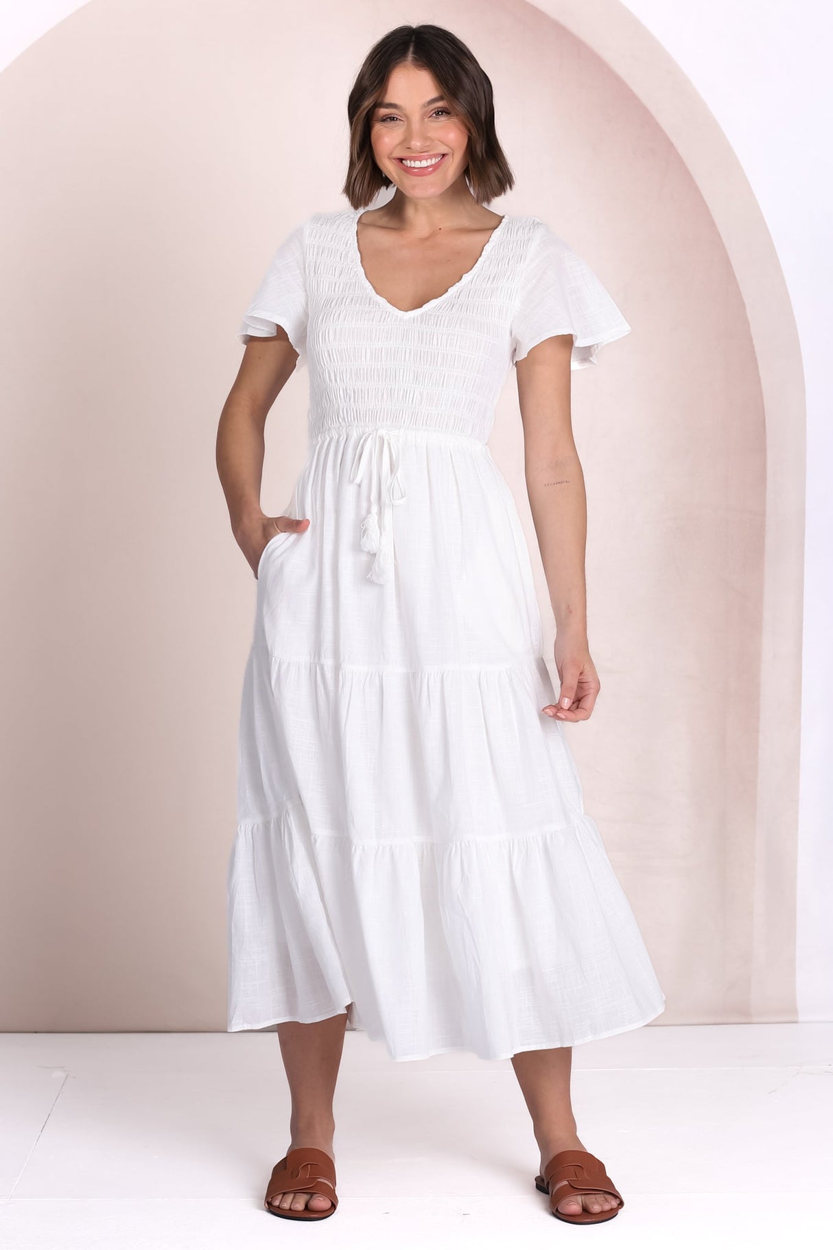 Alyse Midi Dress - Shirred Bodice Cap Sleeve Dress with Pull Tie Waist in White