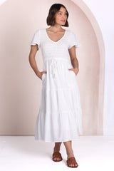 Alyse Midi Dress - Shirred Bodice Cap Sleeve Dress with Pull Tie Waist in White