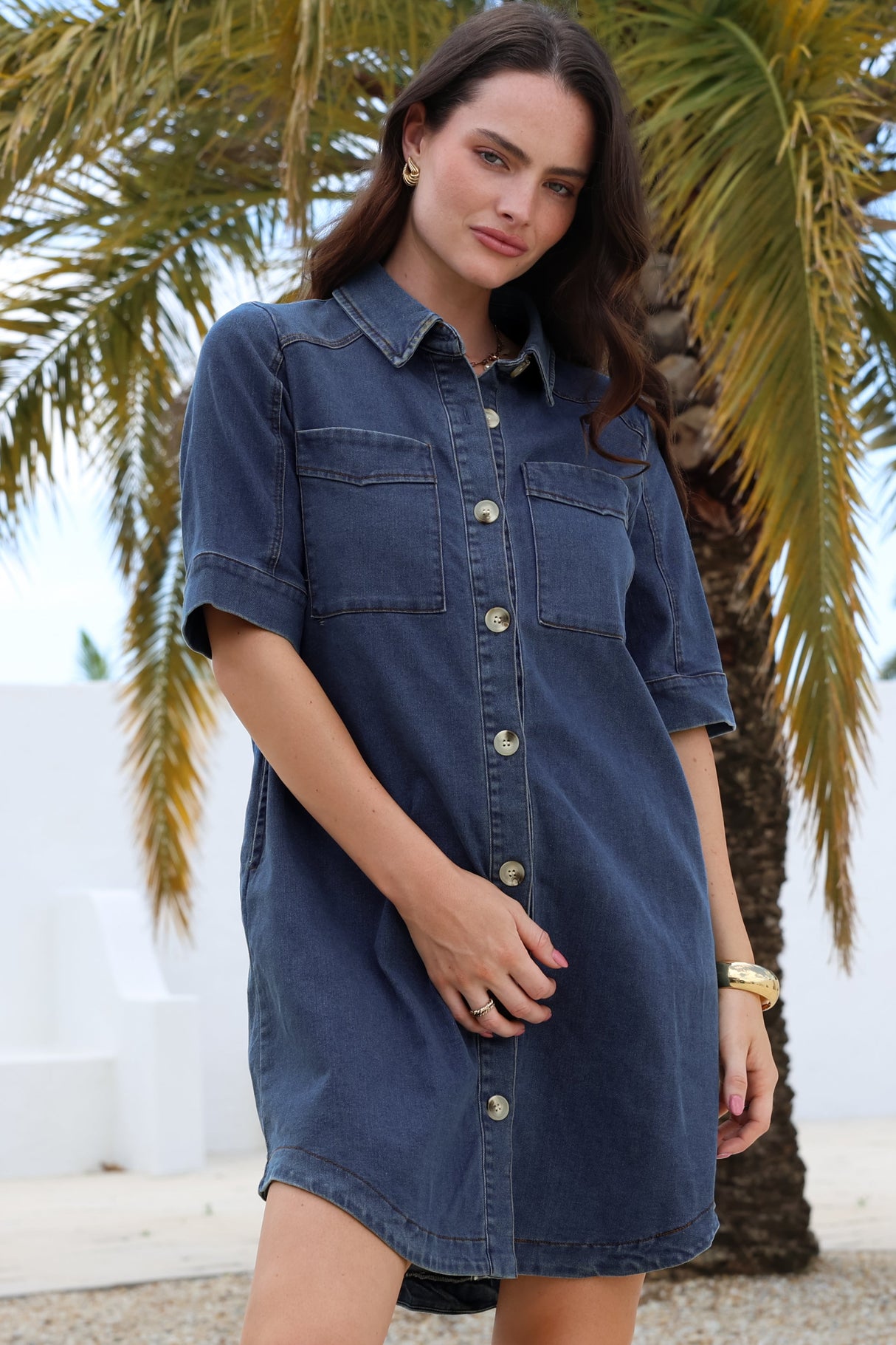 Alyssa Mini Dress - Collared Button-Down Denim Shirt Dress in Denim Blue