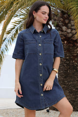 Alyssa Mini Dress - Collared Button-Down Denim Shirt Dress in Denim Blue