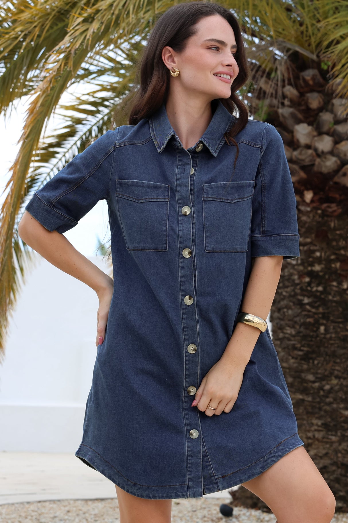 Alyssa Mini Dress - Collared Button-Down Denim Shirt Dress in Denim Blue