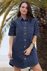 Alyssa Mini Dress - Collared Button-Down Denim Shirt Dress in Denim Blue
