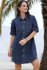 Alyssa Mini Dress - Collared Button-Down Denim Shirt Dress in Denim Blue