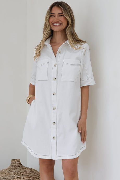 Alyssa Mini Dress - Collared Button-Down Denim Shirt Dress in White