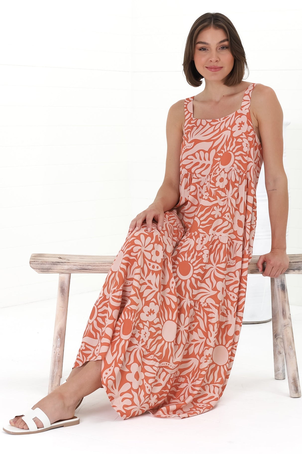 Amabel Maxi Dress - Thick Adjustable Strap Sun Dress in Athena Print Coral