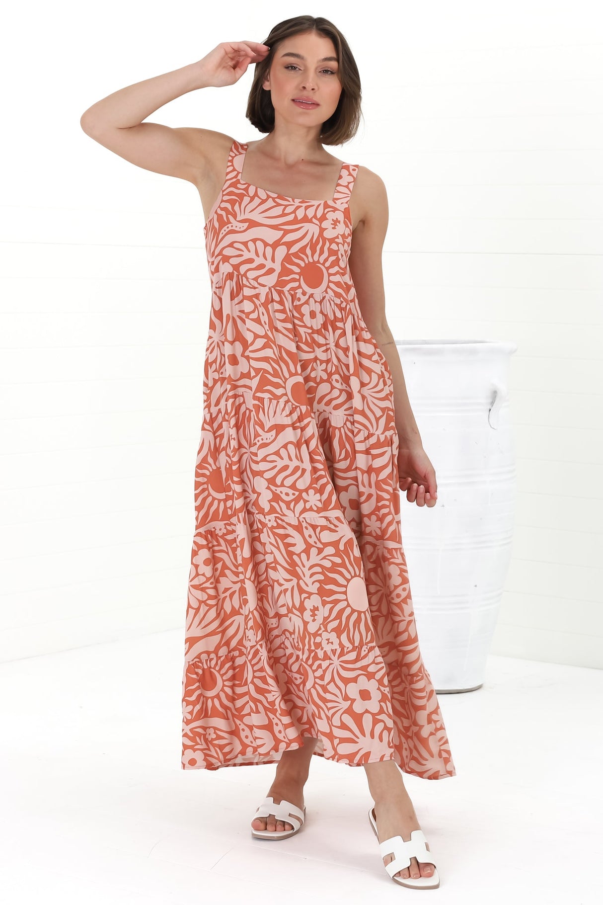 Amabel Maxi Dress - Thick Adjustable Strap Sun Dress in Athena Print Coral