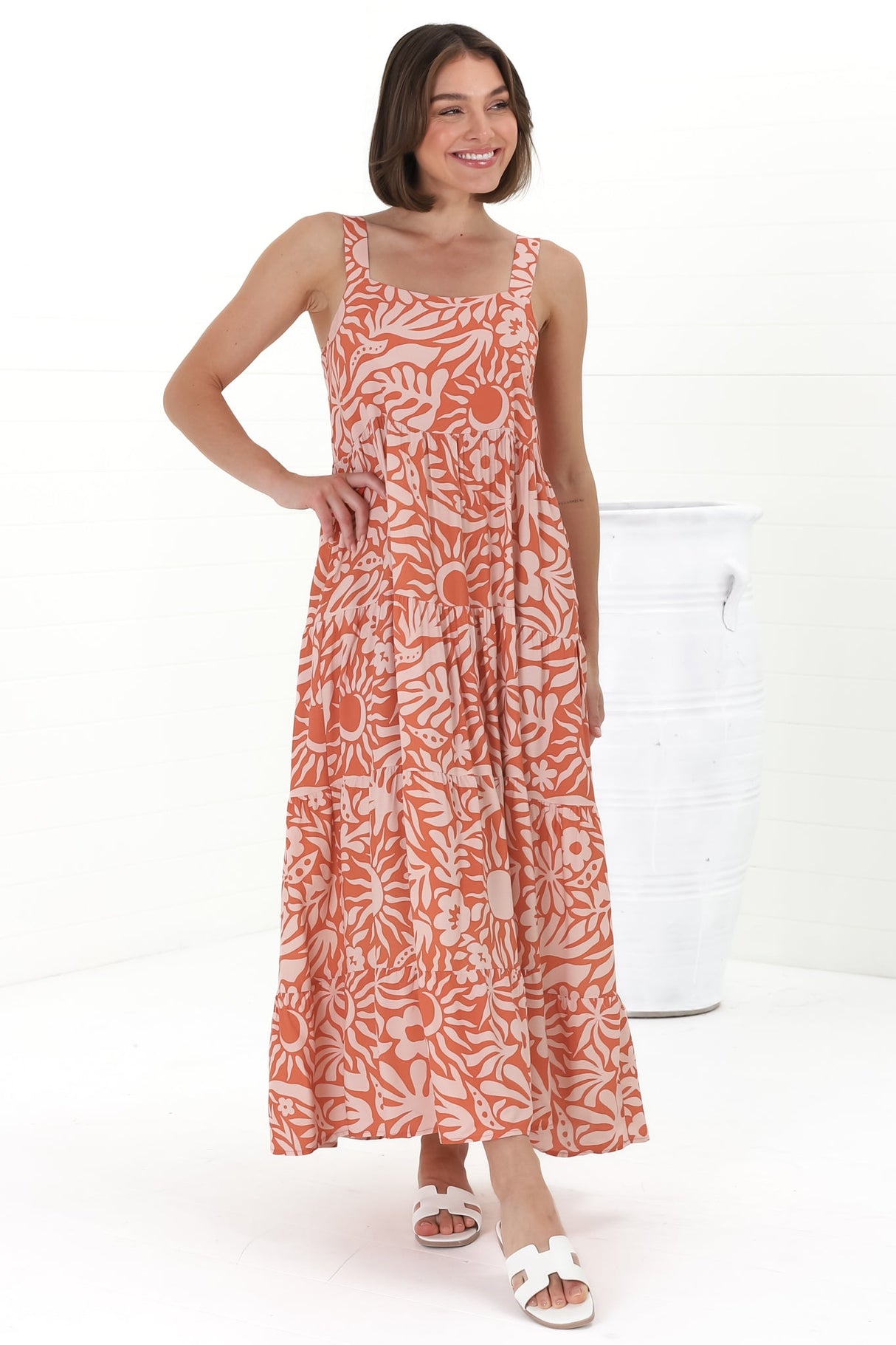 Amabel Maxi Dress - Thick Adjustable Strap Sun Dress in Athena Print Coral