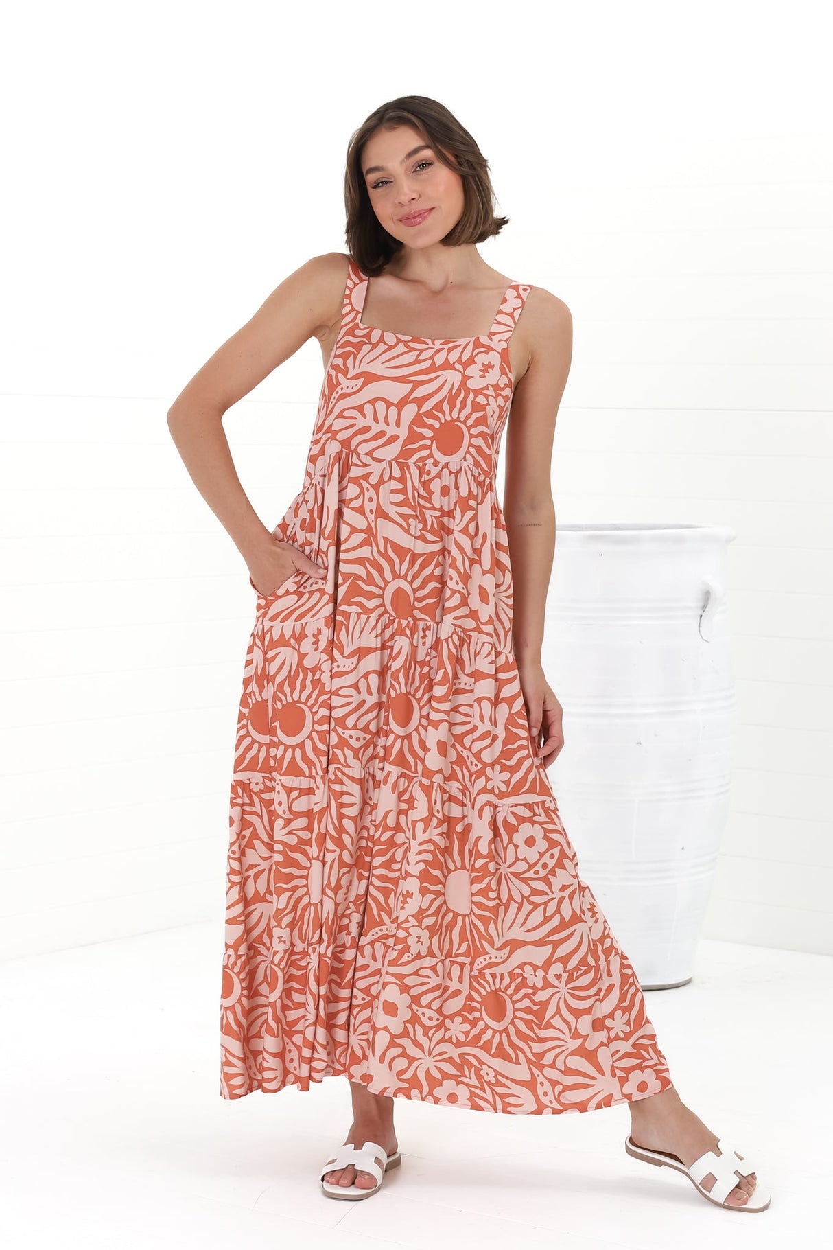 Amabel Maxi Dress - Thick Adjustable Strap Sun Dress in Athena Print Coral