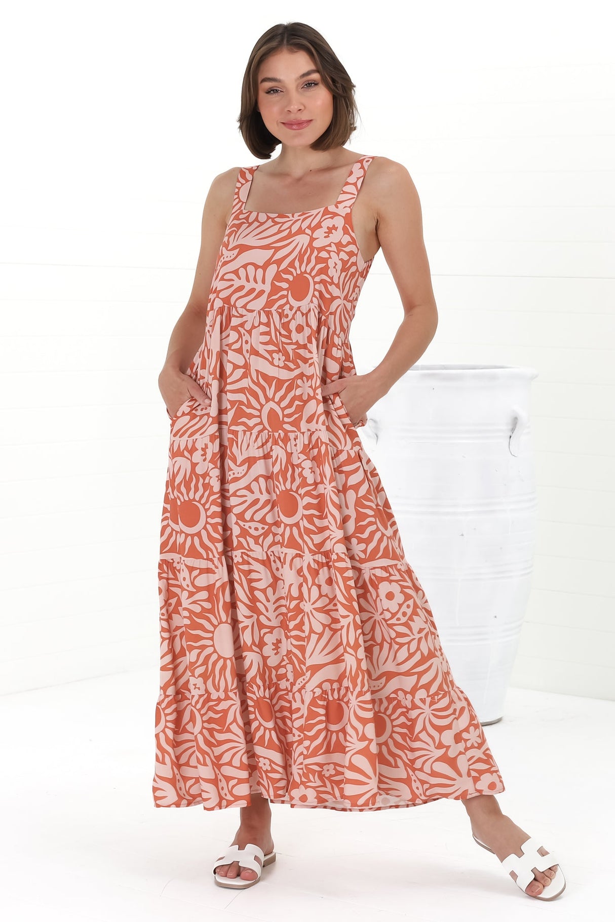 Amabel Maxi Dress - Thick Adjustable Strap Sun Dress in Athena Print Coral