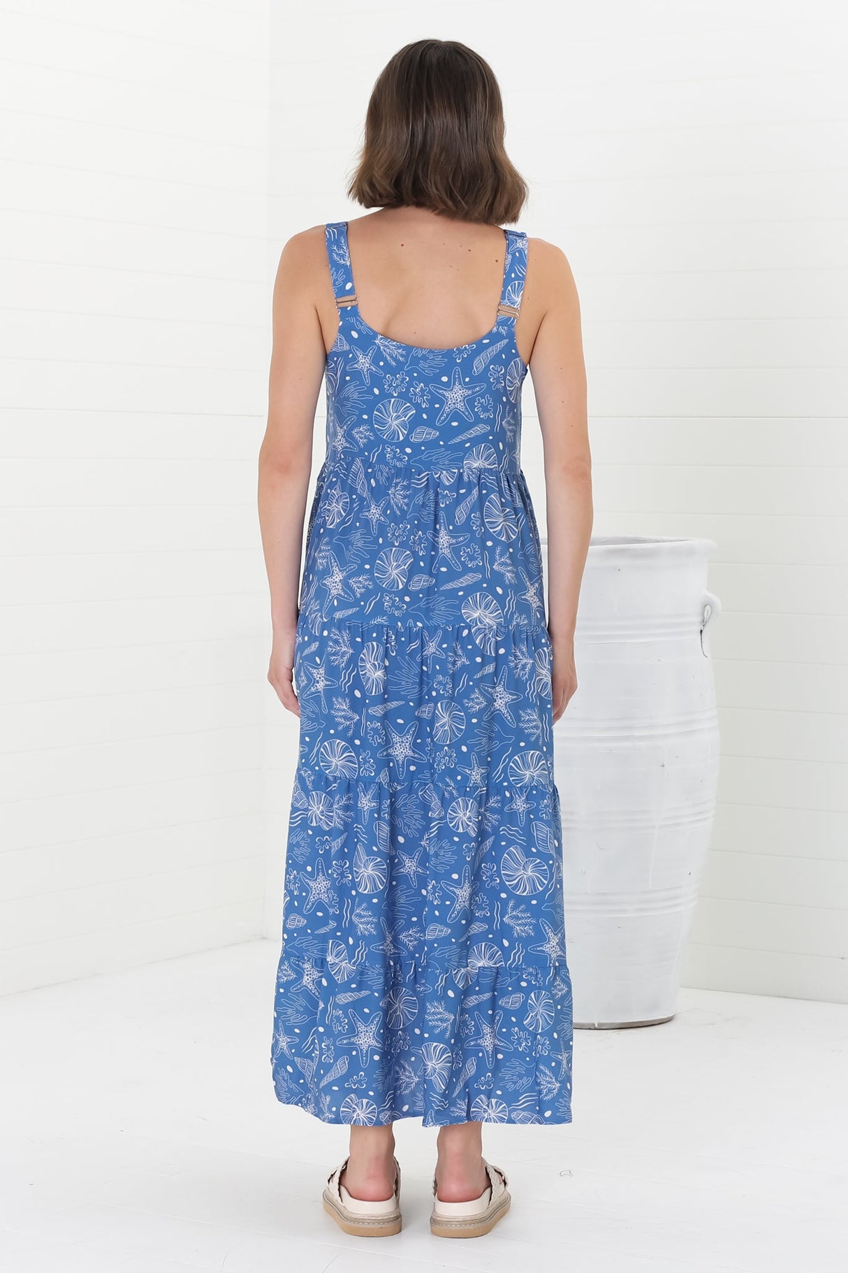 Amabel Maxi Dress - Thick Adjustable Strap Sun Dress in Cove Print Blue