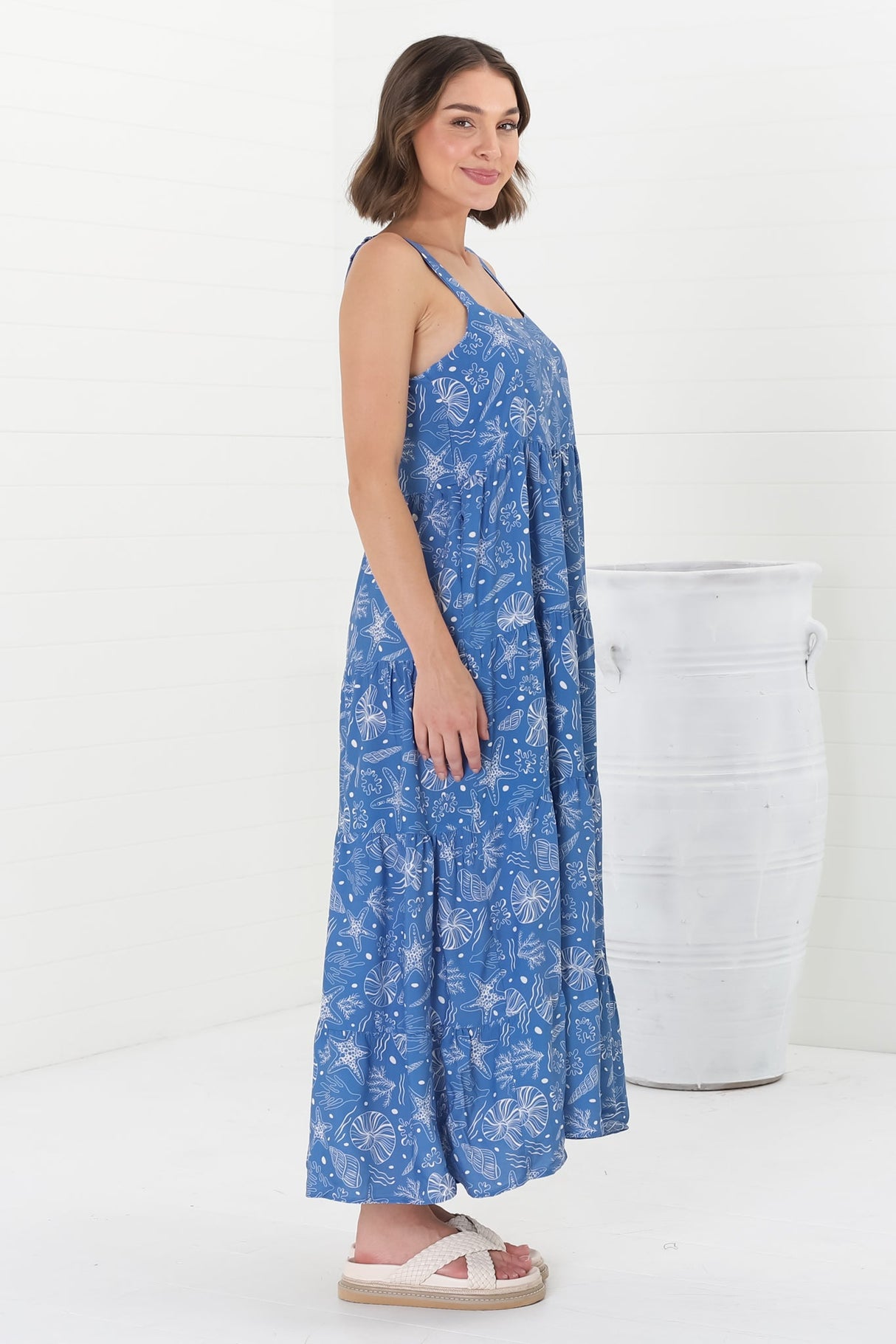 Amabel Maxi Dress - Thick Adjustable Strap Sun Dress in Cove Print Blue