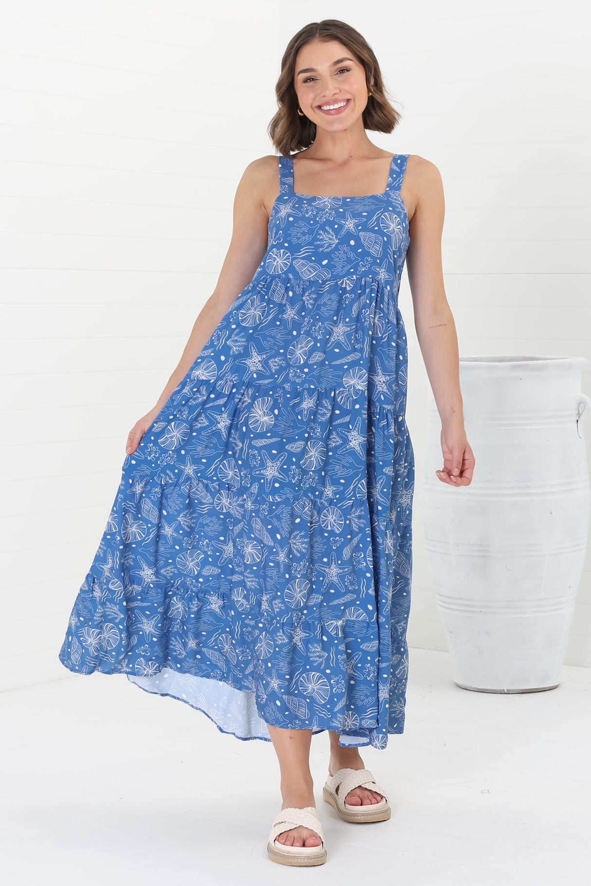 Amabel Maxi Dress - Thick Adjustable Strap Sun Dress in Cove Print Blue