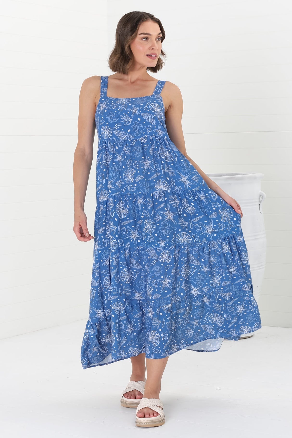 Amabel Maxi Dress - Thick Adjustable Strap Sun Dress in Cove Print Blue