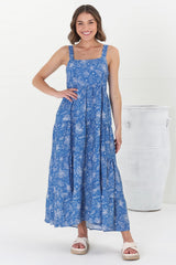 Amabel Maxi Dress - Thick Adjustable Strap Sun Dress in Cove Print Blue