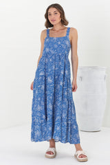 Amabel Maxi Dress - Thick Adjustable Strap Sun Dress in Cove Print Blue