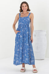 Amabel Maxi Dress - Thick Adjustable Strap Sun Dress in Cove Print Blue