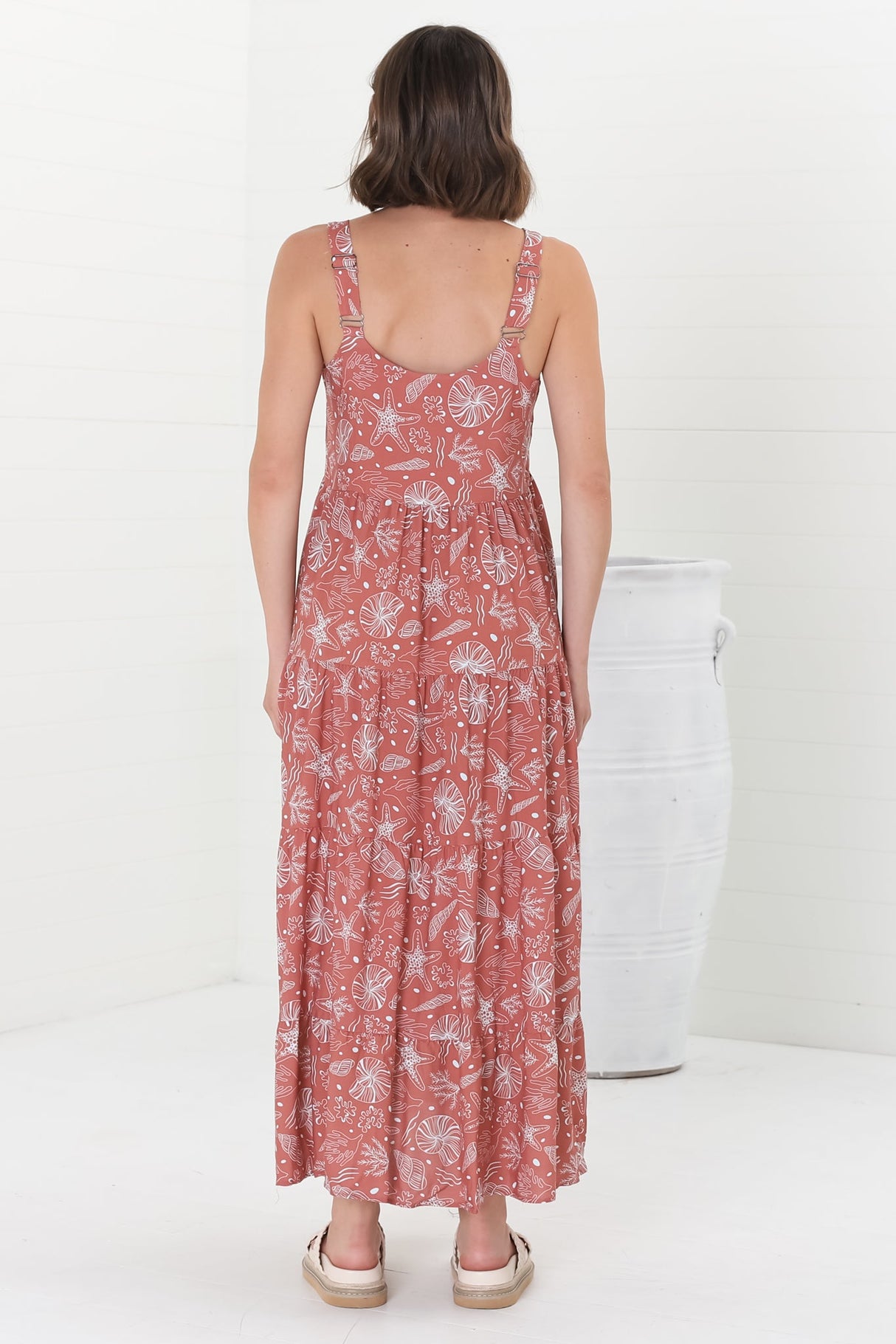 Amabel Maxi Dress - Thick Adjustable Strap Sun Dress in Cove Print Terracotta