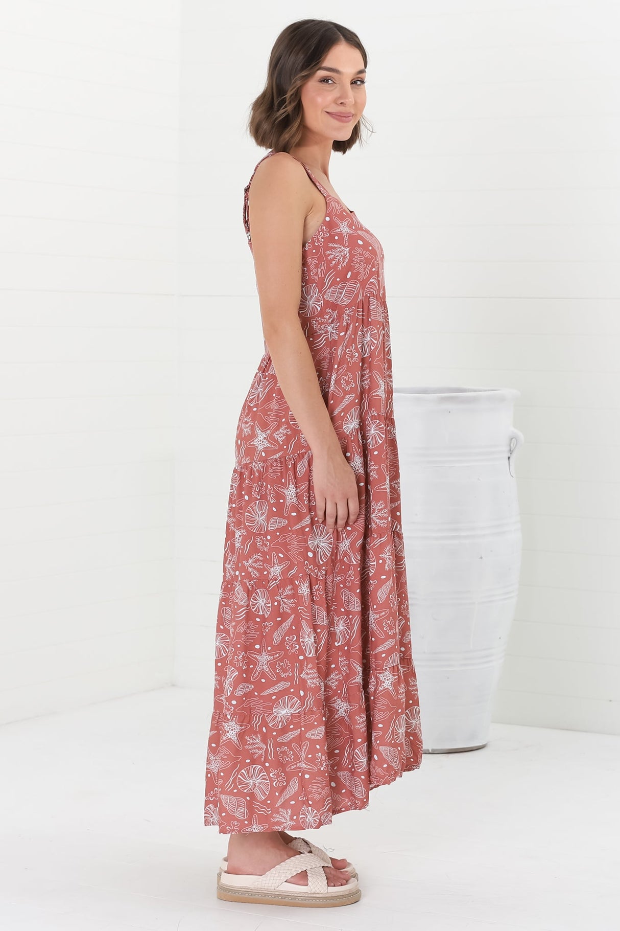 Amabel Maxi Dress - Thick Adjustable Strap Sun Dress in Cove Print Terracotta