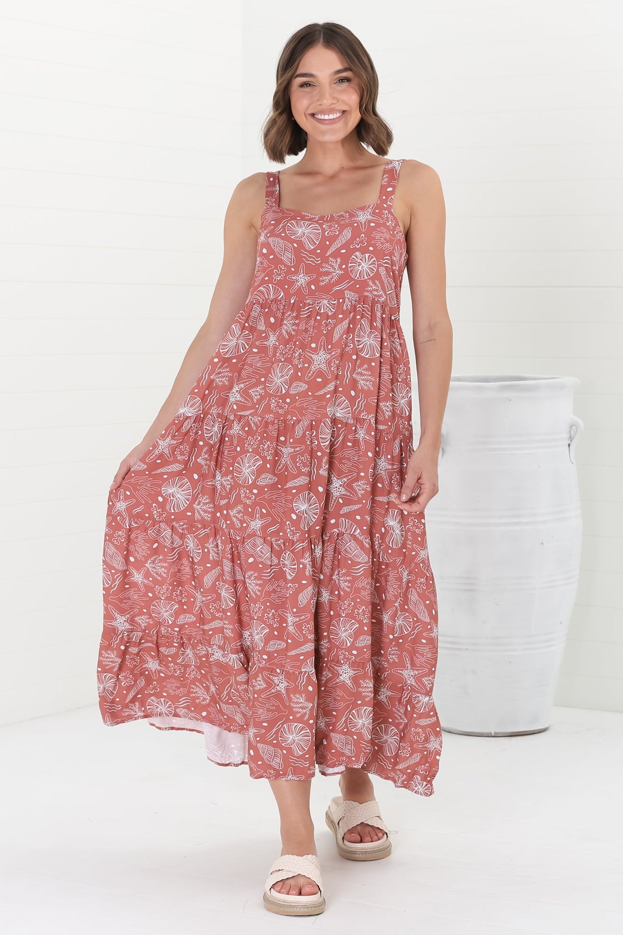 Amabel Maxi Dress - Thick Adjustable Strap Sun Dress in Cove Print Terracotta