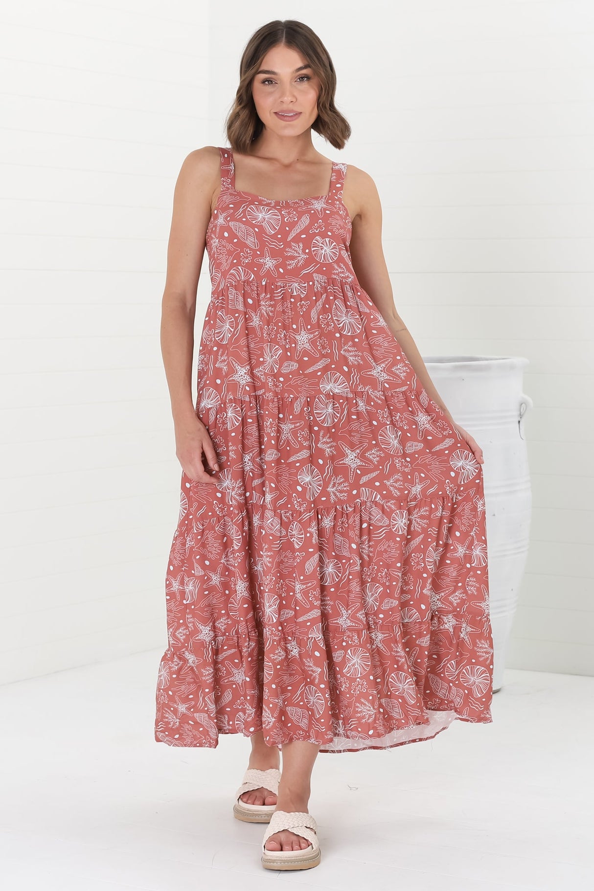 Amabel Maxi Dress - Thick Adjustable Strap Sun Dress in Cove Print Terracotta