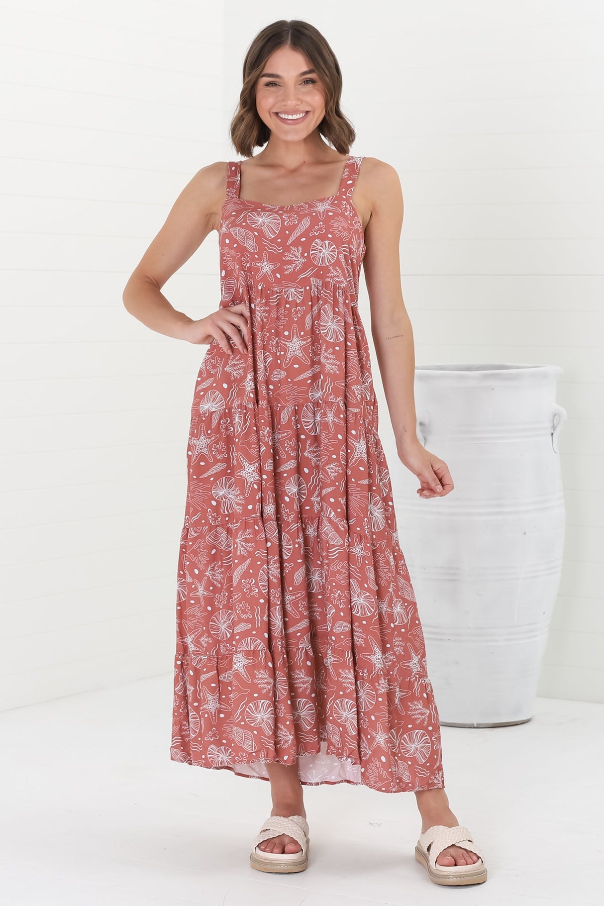 Amabel Maxi Dress - Thick Adjustable Strap Sun Dress in Cove Print Terracotta