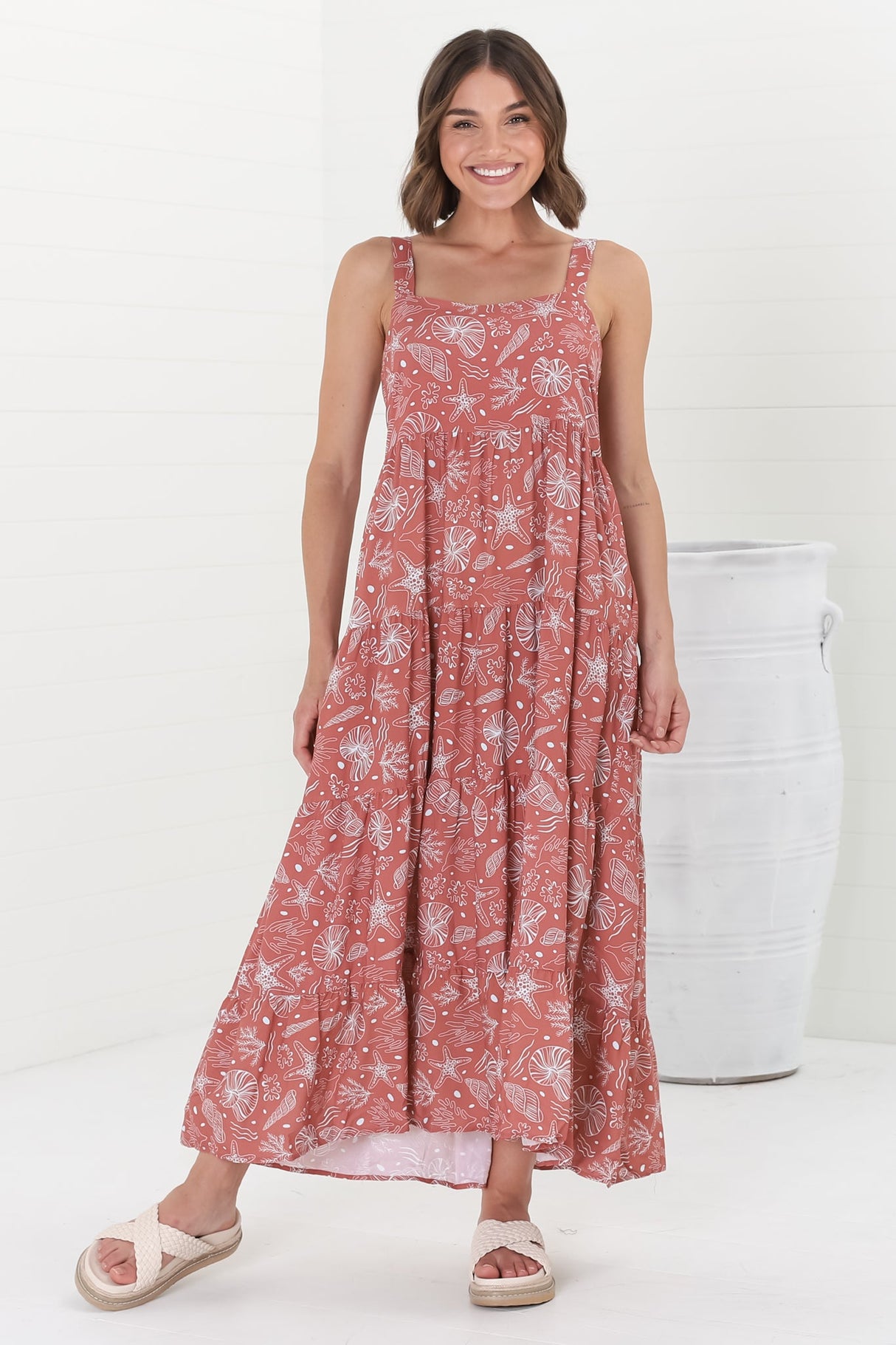 Amabel Maxi Dress - Thick Adjustable Strap Sun Dress in Cove Print Terracotta