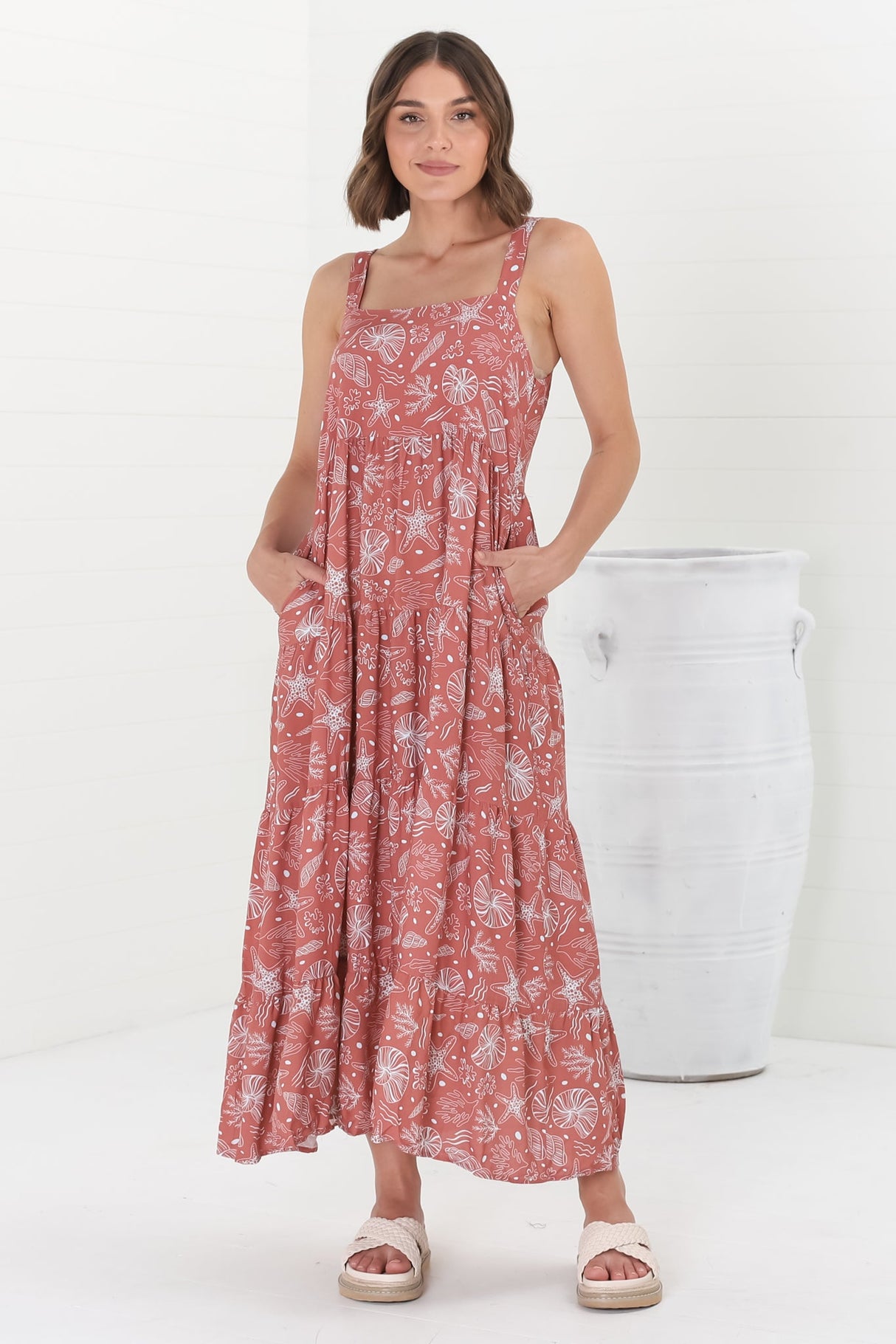 Amabel Maxi Dress - Thick Adjustable Strap Sun Dress in Cove Print Terracotta