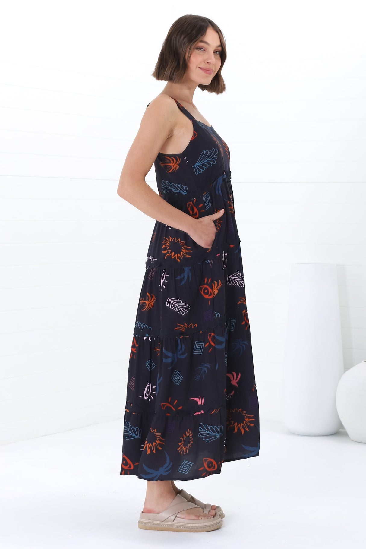 Amabel Maxi Dress - Thick Adjustable Strap Sun Dress in Kalista Print Navy