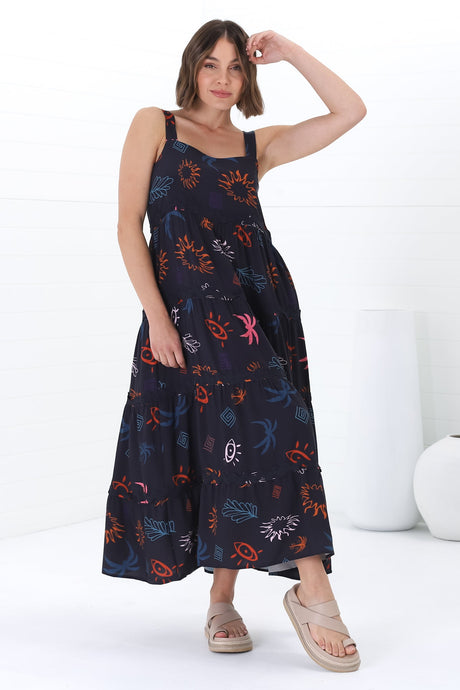 Amabel Maxi Dress - Thick Adjustable Strap Sun Dress in Kalista Print Navy