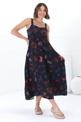 Amabel Maxi Dress - Thick Adjustable Strap Sun Dress in Kalista Print Navy