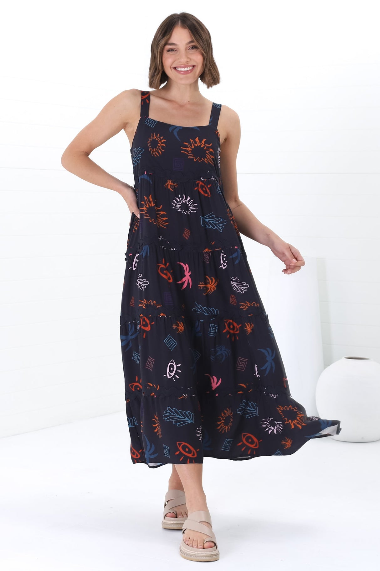 Amabel Maxi Dress - Thick Adjustable Strap Sun Dress in Kalista Print Navy