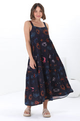 Amabel Maxi Dress - Thick Adjustable Strap Sun Dress in Kalista Print Navy