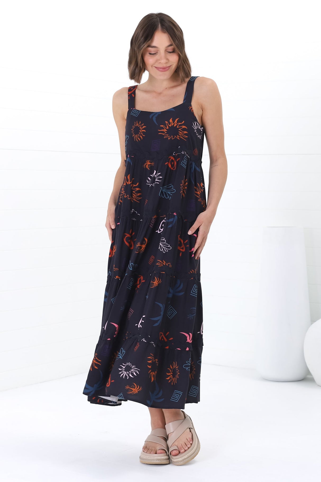 Amabel Maxi Dress - Thick Adjustable Strap Sun Dress in Kalista Print Navy