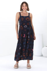 Amabel Maxi Dress - Thick Adjustable Strap Sun Dress in Kalista Print Navy