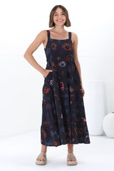 Amabel Maxi Dress - Thick Adjustable Strap Sun Dress in Kalista Print Navy