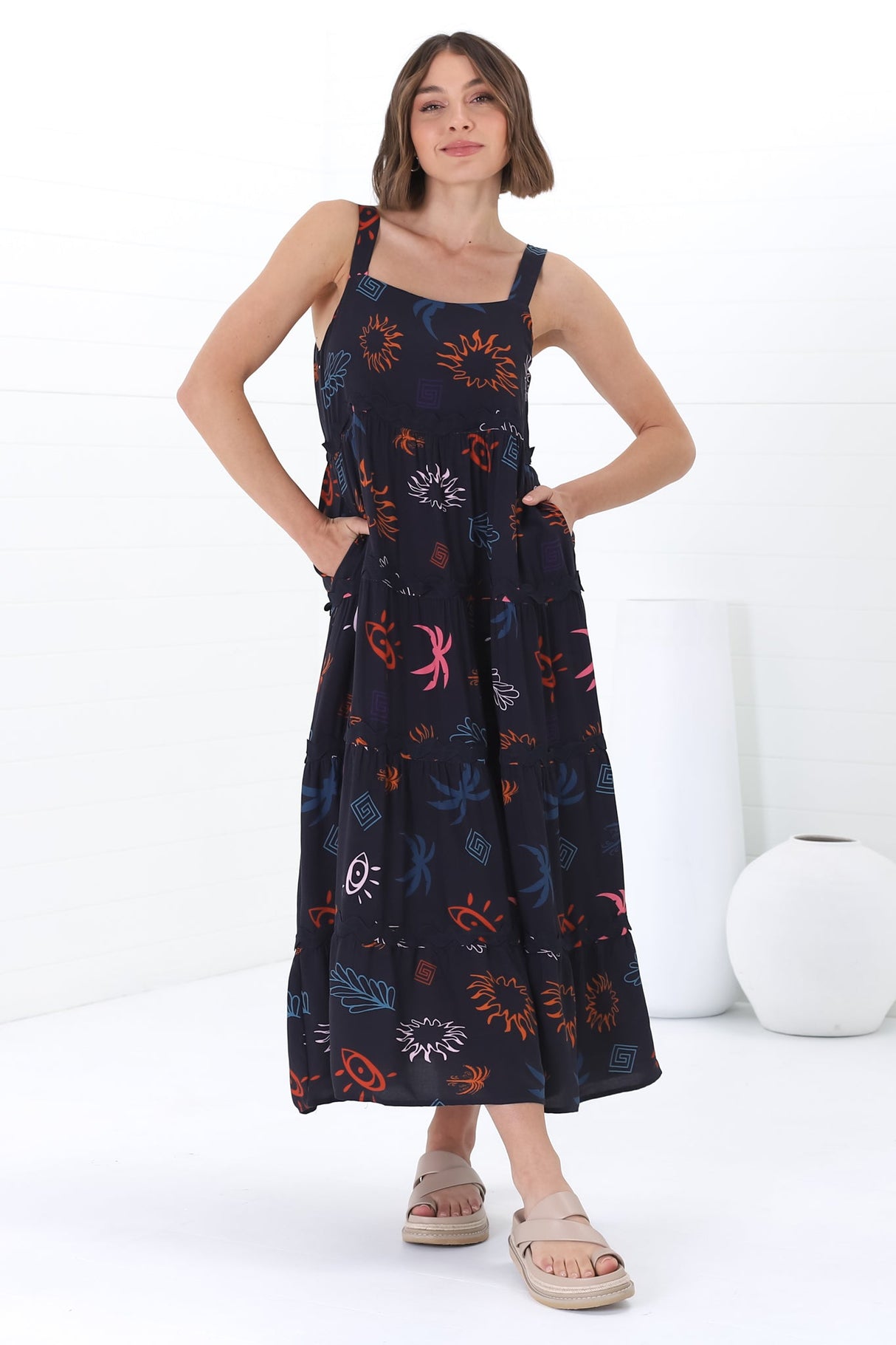 Amabel Maxi Dress - Thick Adjustable Strap Sun Dress in Kalista Print Navy