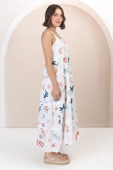 Amabel Maxi Dress - Thick Adjustable Strap Sun Dress in Kalista Print White