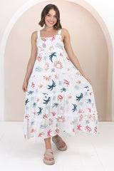 Amabel Maxi Dress - Thick Adjustable Strap Sun Dress in Kalista Print White