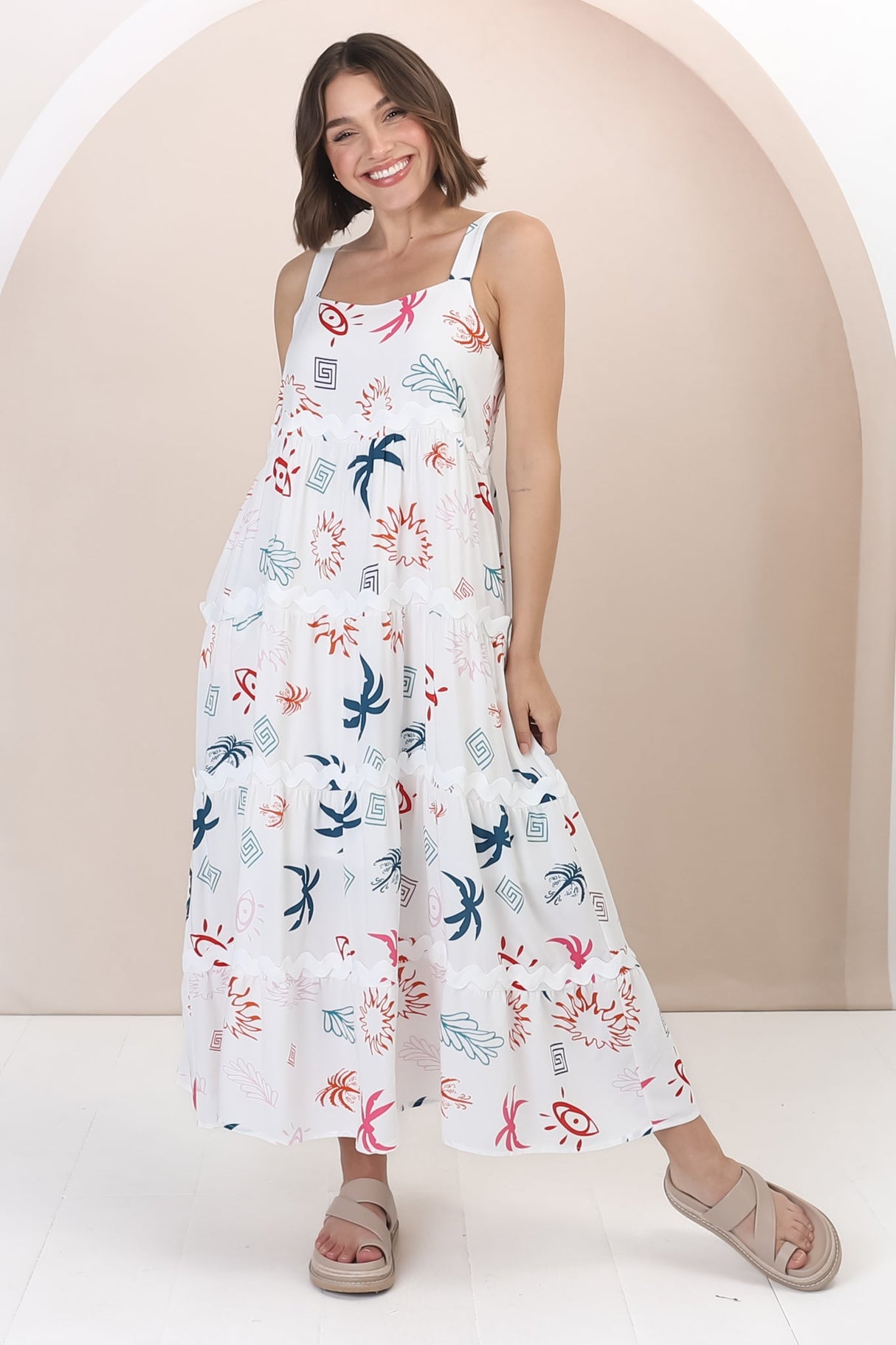 Amabel Maxi Dress - Thick Adjustable Strap Sun Dress in Kalista Print White