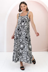 Amabel Maxi Dress - Thick Adjustable Strap Sun Dress in Athena Print Black