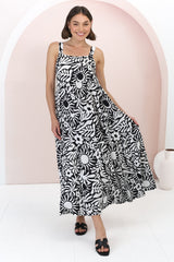 Amabel Maxi Dress - Thick Adjustable Strap Sun Dress in Athena Print Black