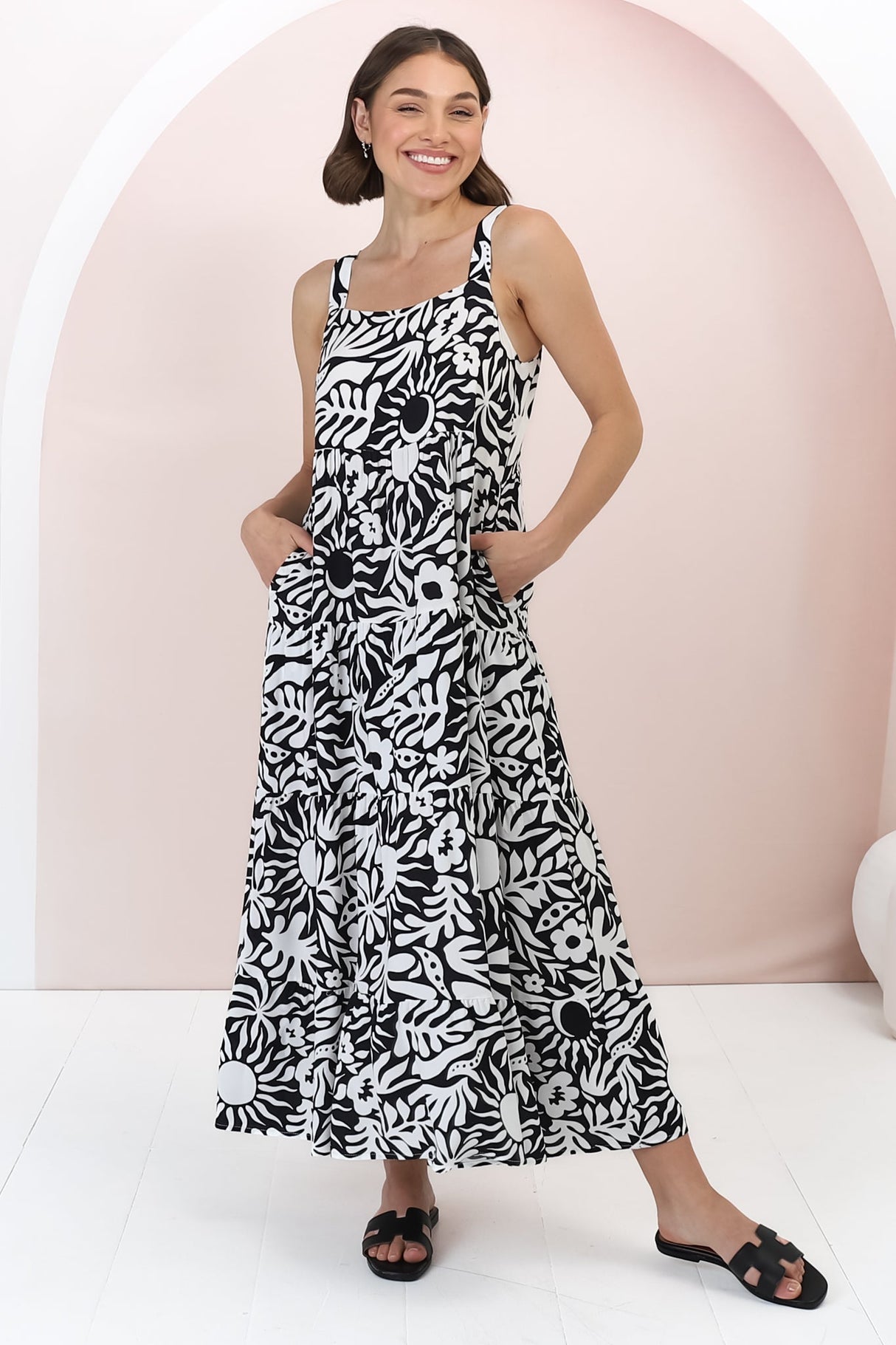 Amabel Maxi Dress - Thick Adjustable Strap Sun Dress in Athena Print Black