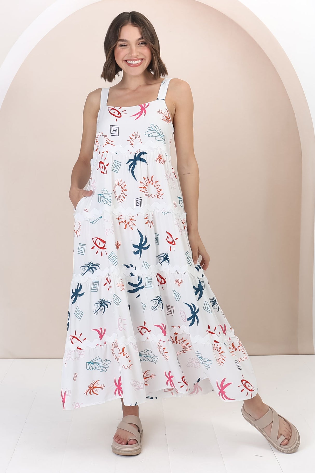 Amabel Maxi Dress - Thick Adjustable Strap Sun Dress in Kalista Print White
